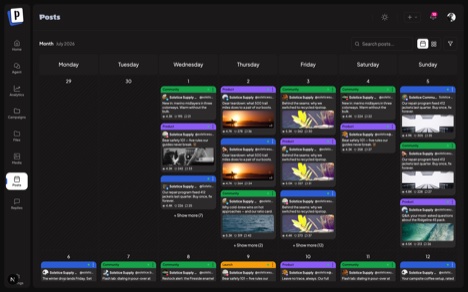 Postmill calendar — month view with posts scheduled across channels