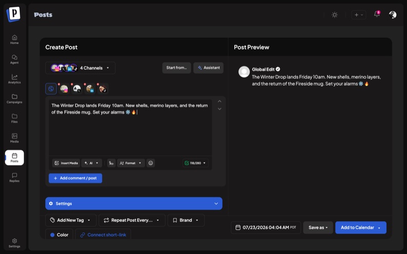 Postmill composer — one draft tailored across 4 channels