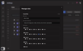 90-permission role catalog — Manage Roles dialog with granular Create/Delete/Manage/Read/Update permissions