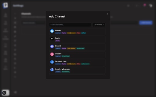 Postmill channel picker — search and capability filters over 45 channels